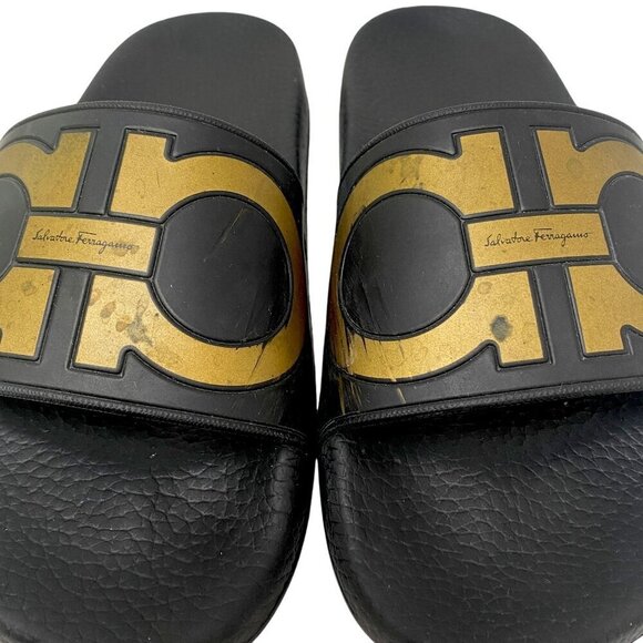 Salvatore Ferragamo Logo Slides Size 6 Designer Sandals Black Gold - Picture 4 of 12